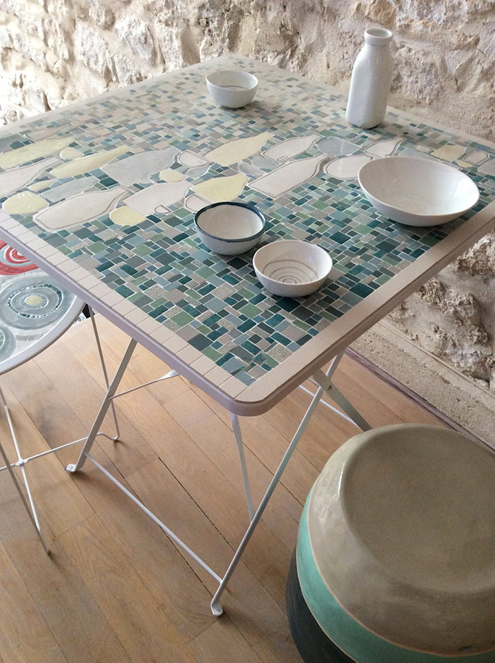 Anis & Céladon-Mosaïque-Table en mosaique artisanale-Salle de réunion - photo 3