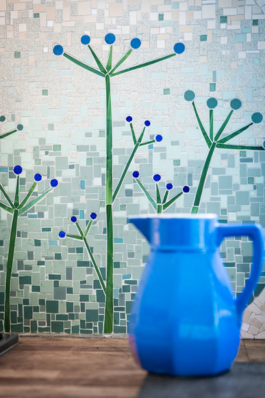 Anis & Céladon-Mosaïque-Credence de cuisine en mosaique, frise mosaique